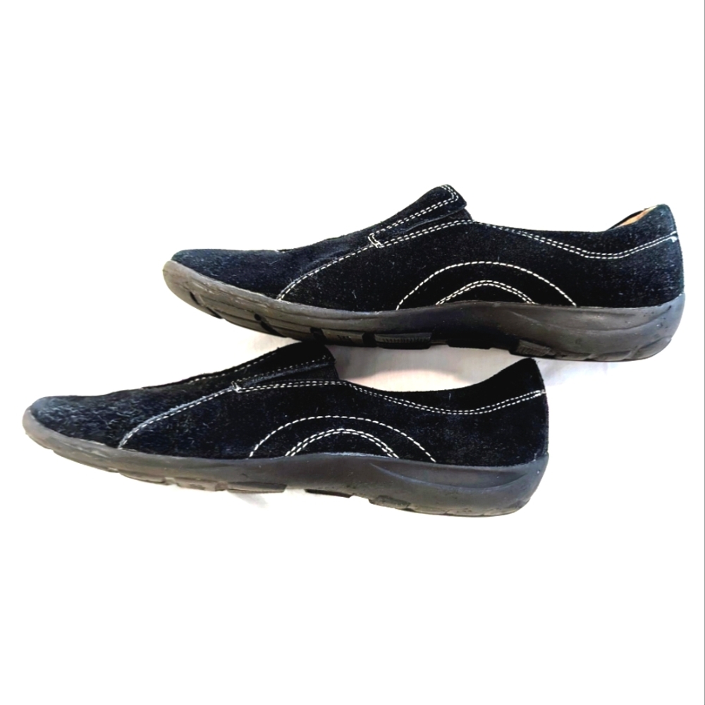 Naturalizer Black Suede Slip-On Comfort Loafers White Stitching Size 11